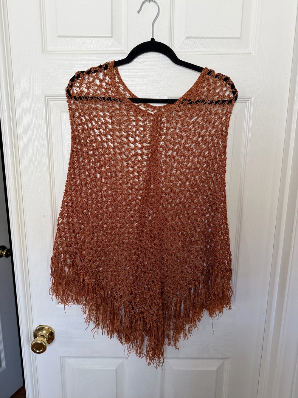 Vintage Y2K Metallic Bronze Crochet Fringe Poncho Top Open Knit Boho Festival